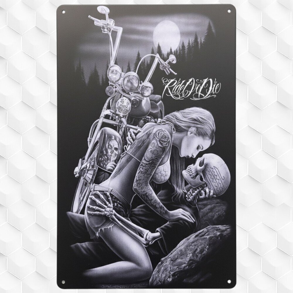 Set of 4 Metal Signs – Skulls, Babes, Bikes & Skeletons 8"X12", NWOT - Picture 5 of 6